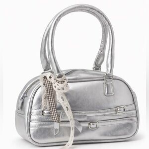 Y2K Metallic Silver Shoulder Bag Women’s Retro Bow Purse 2000s Style - NEW